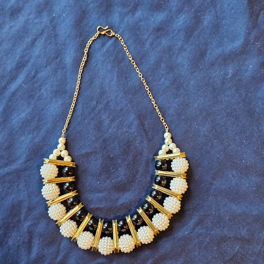 Egyptian Revival Black faux pearl Beaded rhinestone Necklace chunky Bib cleopatr